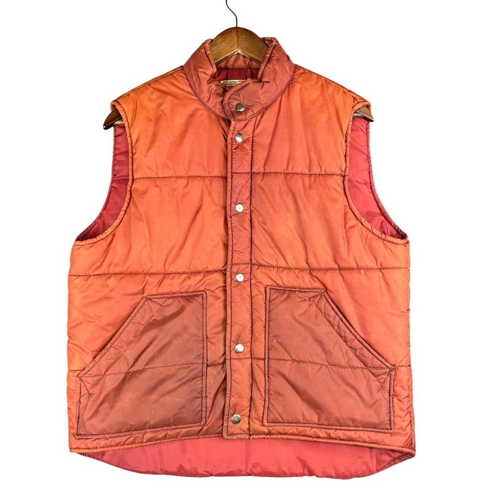 Vintage Montgomery Ward Puffer Vest Orange Faded Mens M 80s snap front gorpcore
